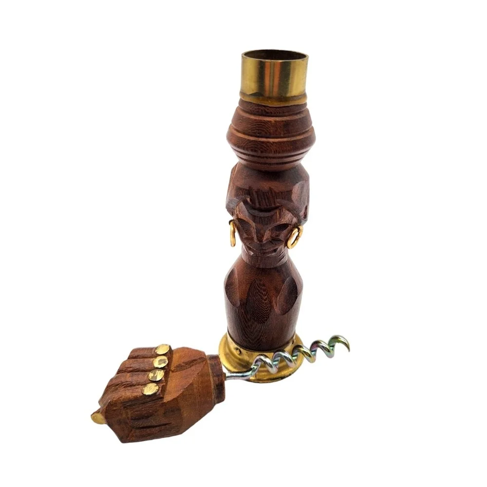 Vintage Wood Brass FIG Fist Sign Wine Corkscrew & Bottle Opener Hand Carved